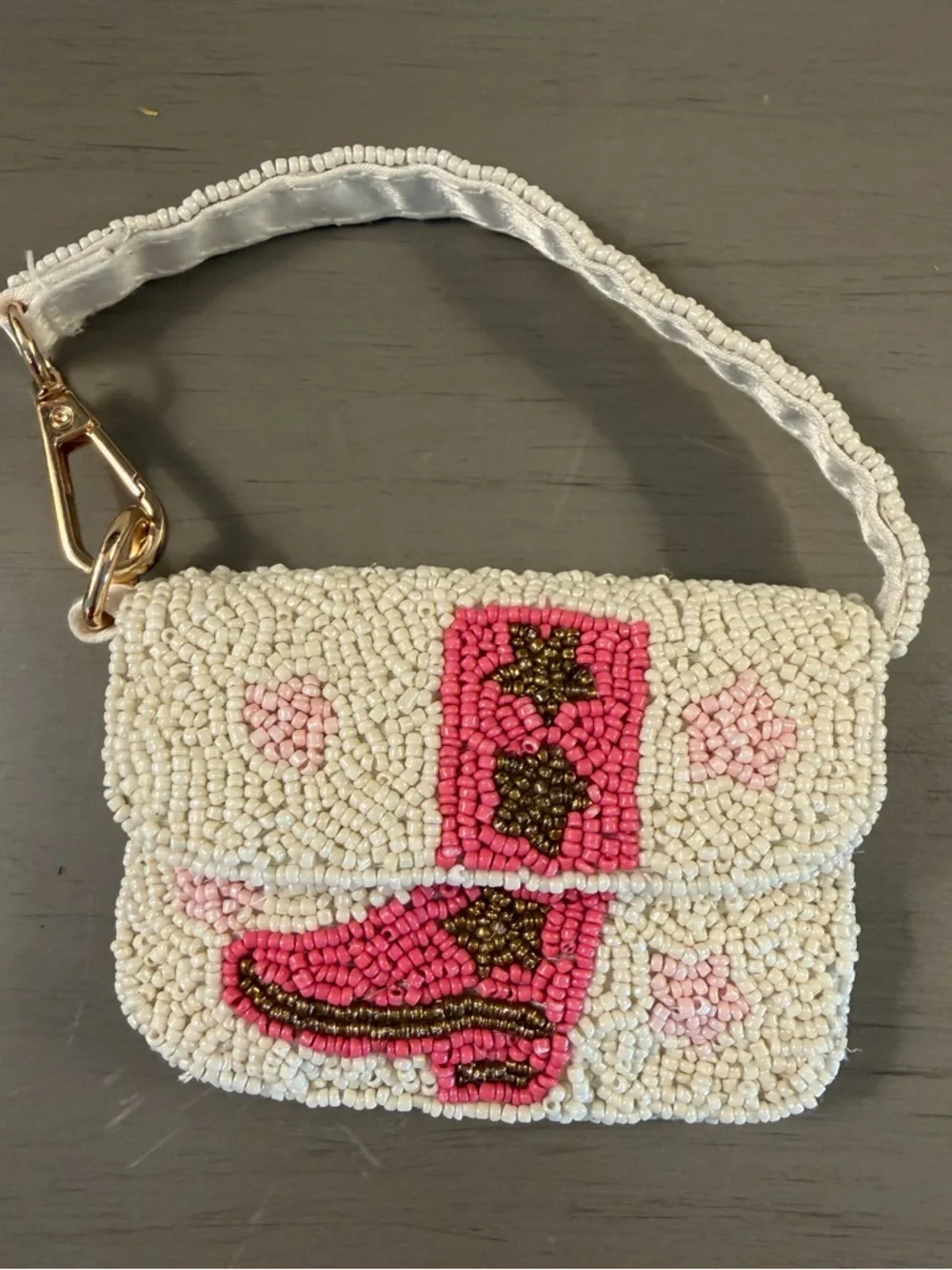 Sincerely Jules Bead Cowboy Boot Mini Pouch Wristlet White Pink Coin Purse Clip